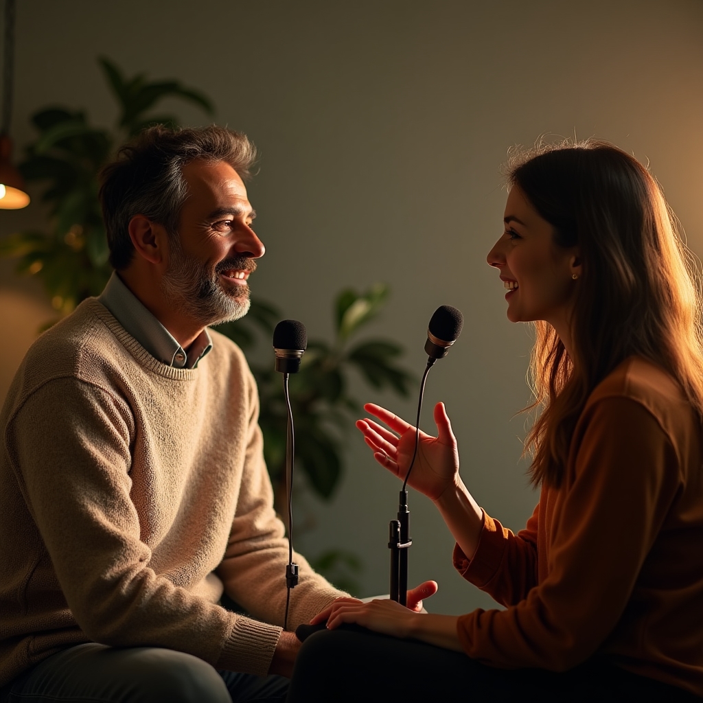 Zwei Personen im Gespräch während einer Interview-Aufnahme
