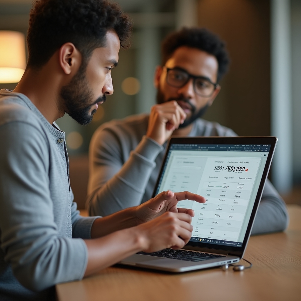 Person bespricht Leistungsumfang anhand eines Laptops mit Notizen