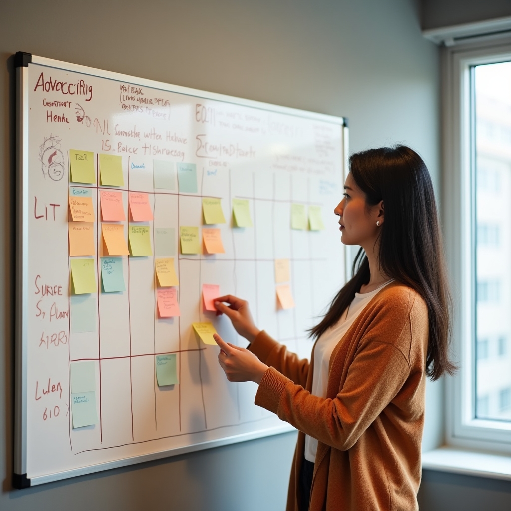 Redaktionsplan mit farbigen Karten an einem Whiteboard